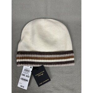 Charter Club Luxury 100% Cashmere White Beanie Hat With Striped Cuff OS NWT's